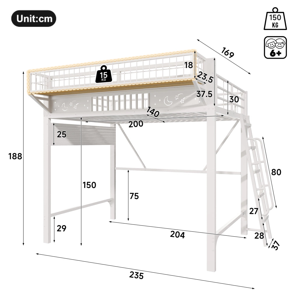 Letto a soppalco 140x200 cm per 2 persone, letto alto con ripiani portaoggetti e spazio aperto sottostante, metallo bianco