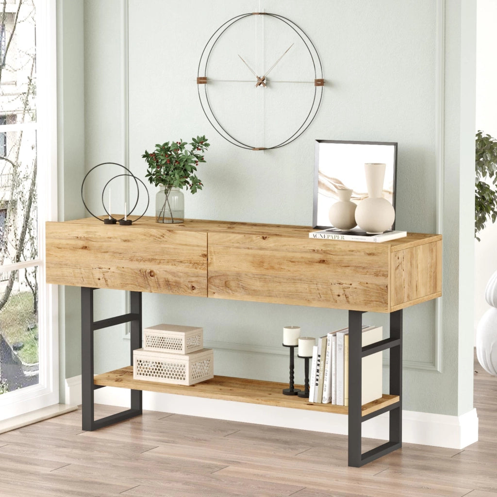 Tavolo Consolle Lappeenranta Mobile Contenitore con Ante a Ribalta 76x139x43 cm Effetto Rovere Rustico/Nero [en.casa]