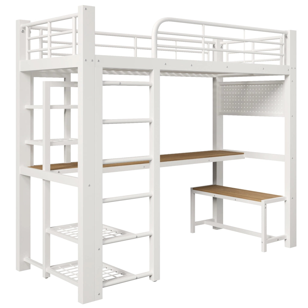 Letto a soppalco 204x95x180 cm multifunzionale con scrivania e LED in metallo bianco