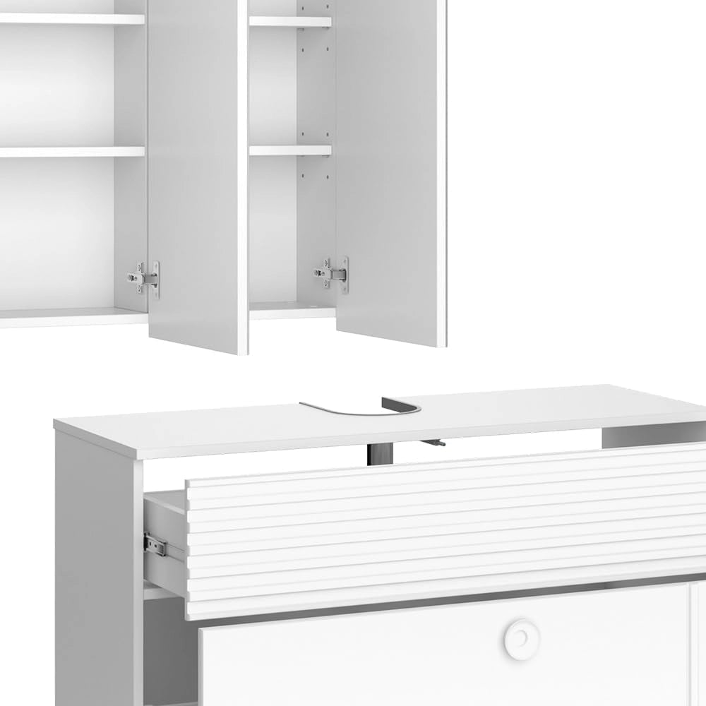 Set di mobili da bagno Sola, Bianco, 100 cm, composto da specchio da bagno e mobile sottolavabo
