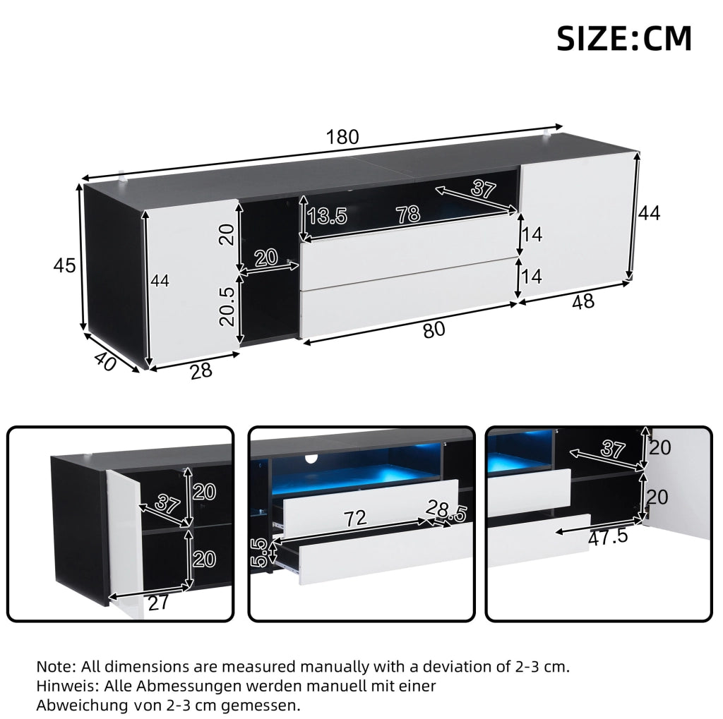 Mobile TV 180x40x45 cm con LED; 2 cassetti e 2 vani; bianco/nero