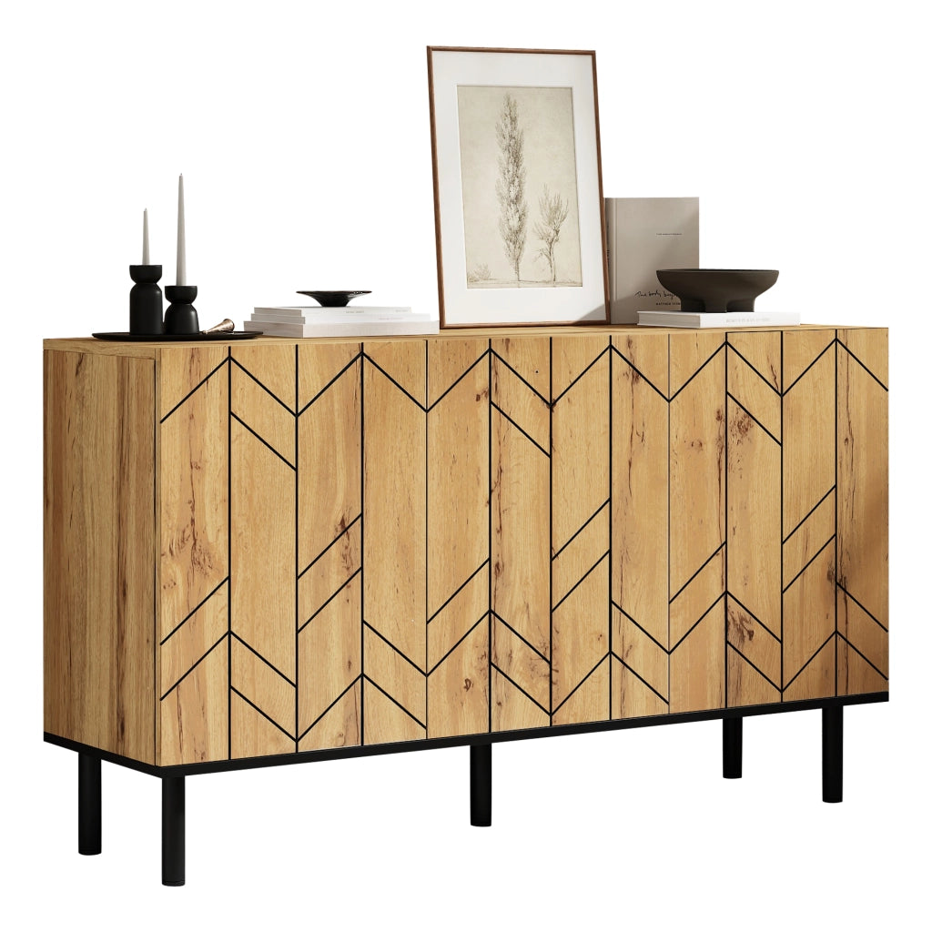 Sideboard moderno 120x35x70 cm con 3 ante, motivo ondulato e gambe in metallo