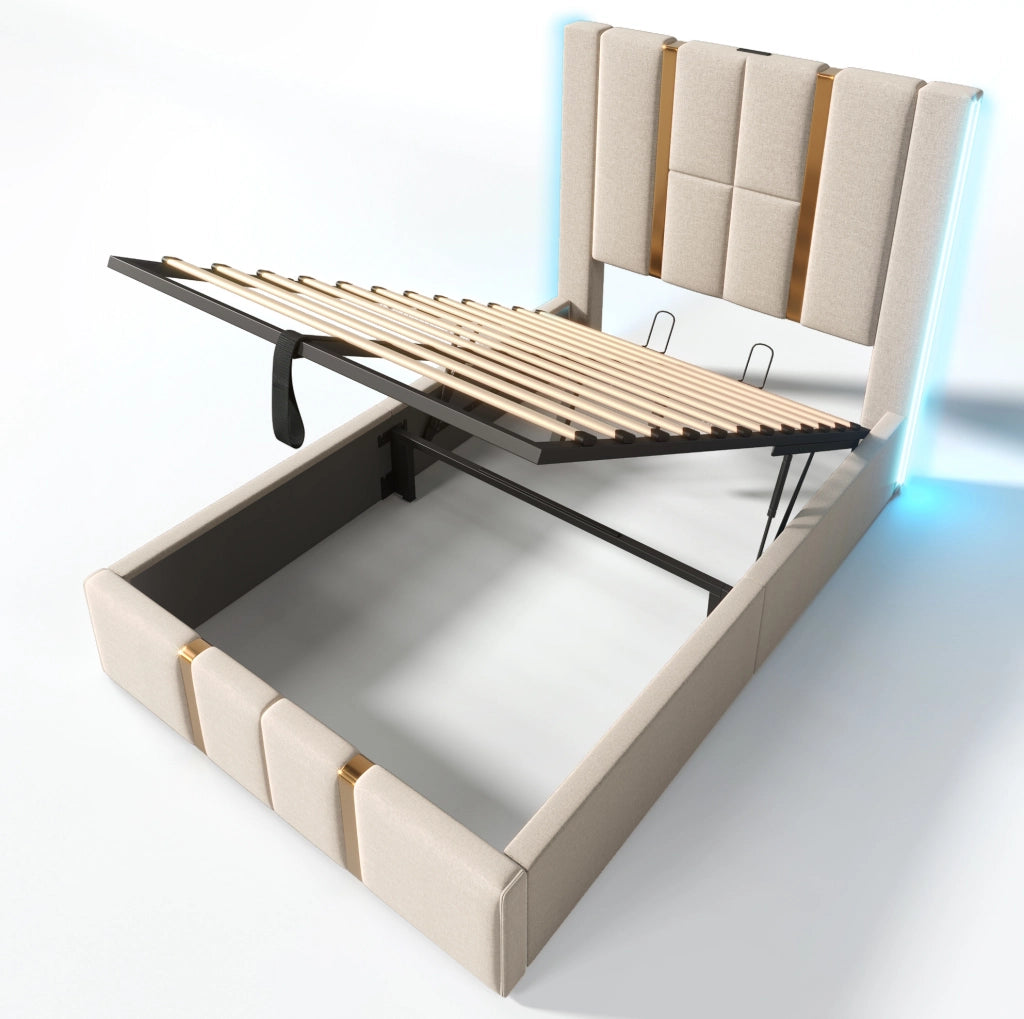 Letto imbottito 90x200 cm beige in lino con LED RGB; USB Type-C e contenitore