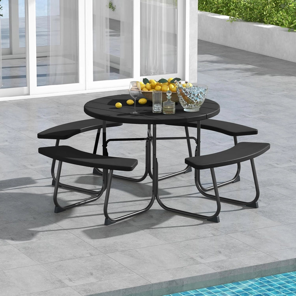 Set da Giardino e Picnic per 8 Persone, Tavolo Rotondo con 4 Panche Integrate, Tavolo da Birra in HDPE Impermeabile con Foro per Ombrellone, Arredamento da Esterno per Giardino e Terrazzo