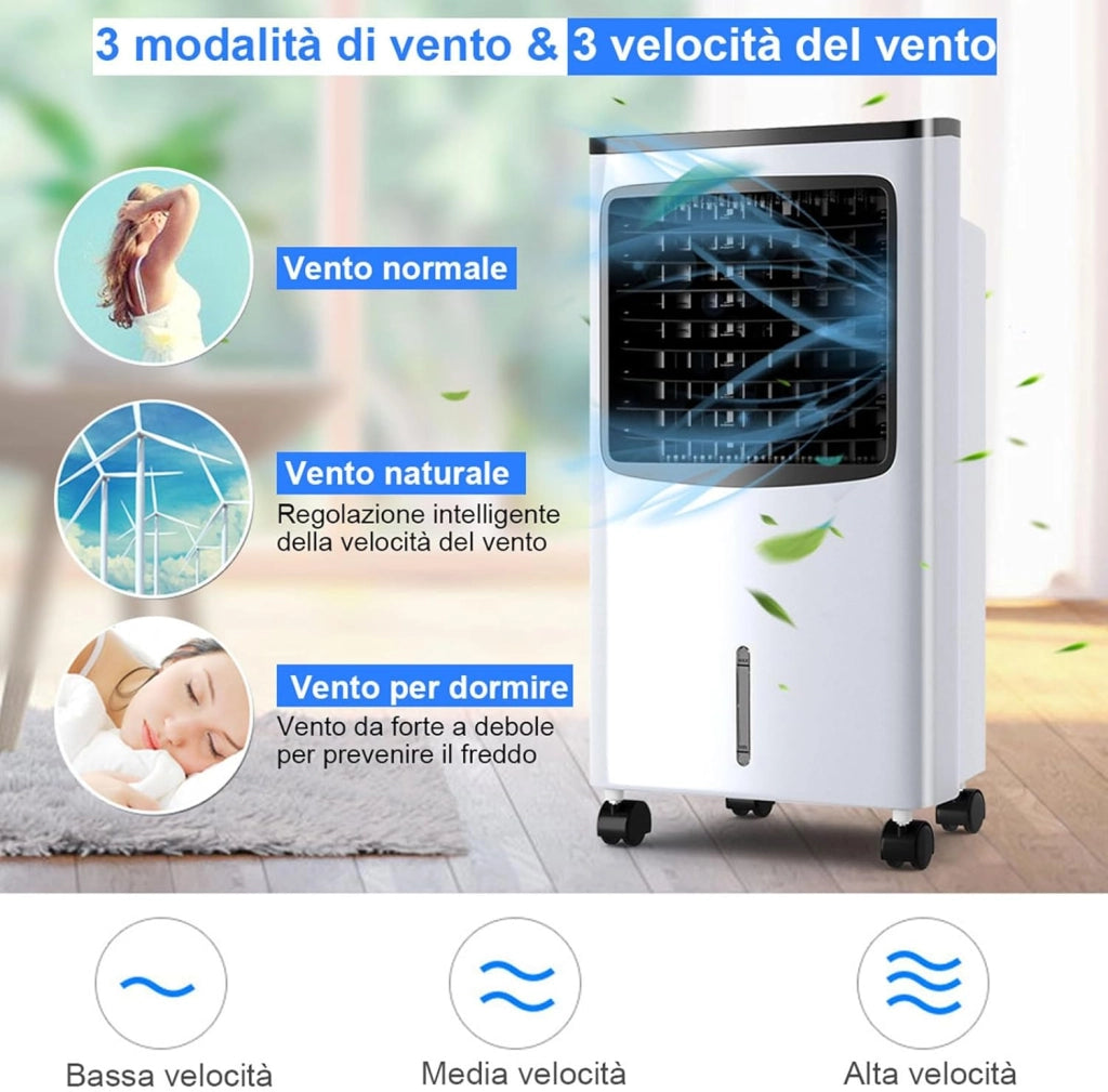 Condizionatore Portatile, Raffreddatore d’aria con Serbatoio Acqua 8L, 3 Modalità, 3 Velocità, Telecomando e Ruote, 7,5H Timer, per Casa, Ufficio