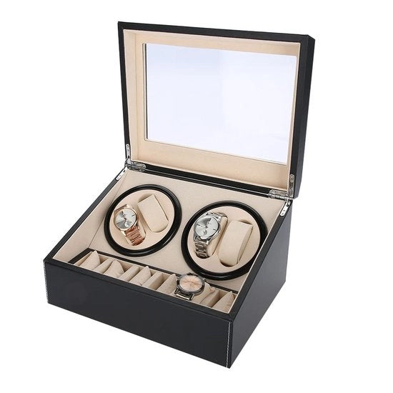 Cassa Automatica per Orologi - 4 Tubi di Rotazione - 6 Posizioni di Stoccaggio - Nero Pelle PU - Ideale per i Collezionisti di Orologi - Accessorio di Lusso - Comp.