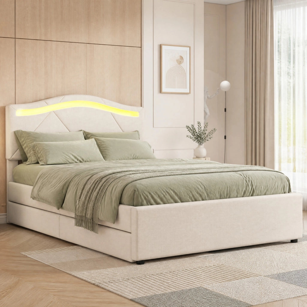 Letto imbottito ULEVR 90x200 cm beige con LED, 2 cassetti e testiera regolabile in lino