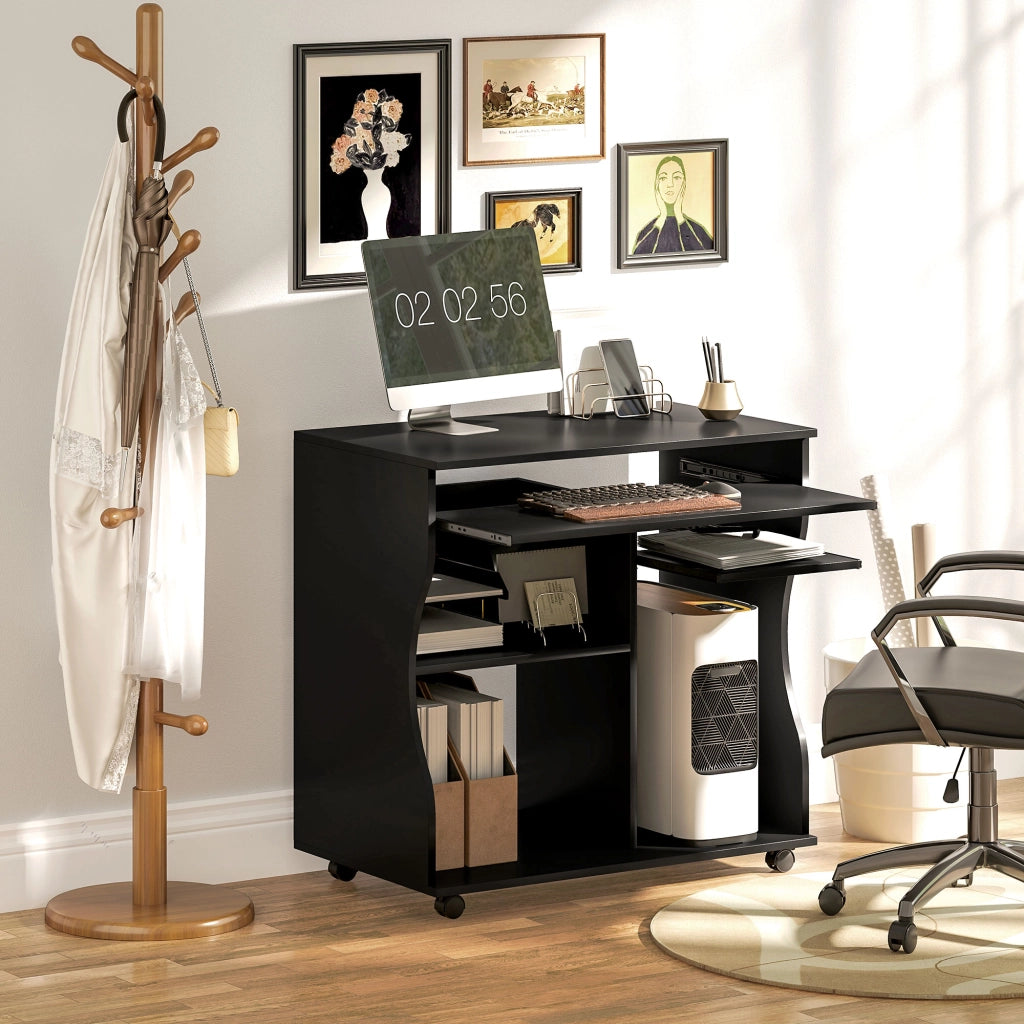 Scrivania lineare con ruote e vassoio tastiera per ufficio e piccoli spazi in legno nero 80 × 48 × 75 cm