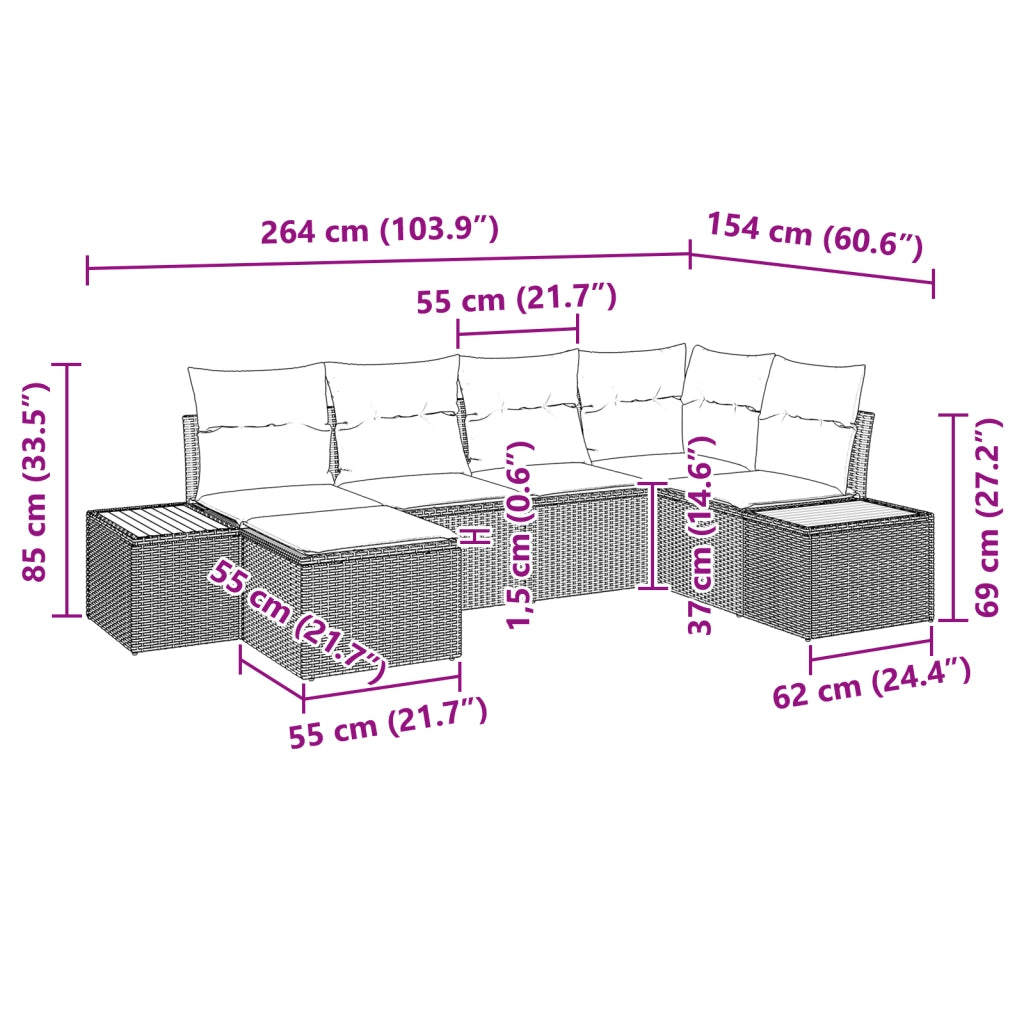 Set Divano da Giardino 6 Pezzi con Cuscini Nero Polyrattan Acacia