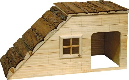 Casa per Roditori (con pendenza per le lepri/topi/porcini) realizzata in legno naturale, dimensioni 50 x 25 x 25 cm.
