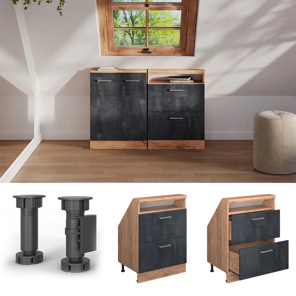 Mobile cucina sottotetto R-Line Calce nera/Rovere dorato 60 cm con 2 cassetti Vicco