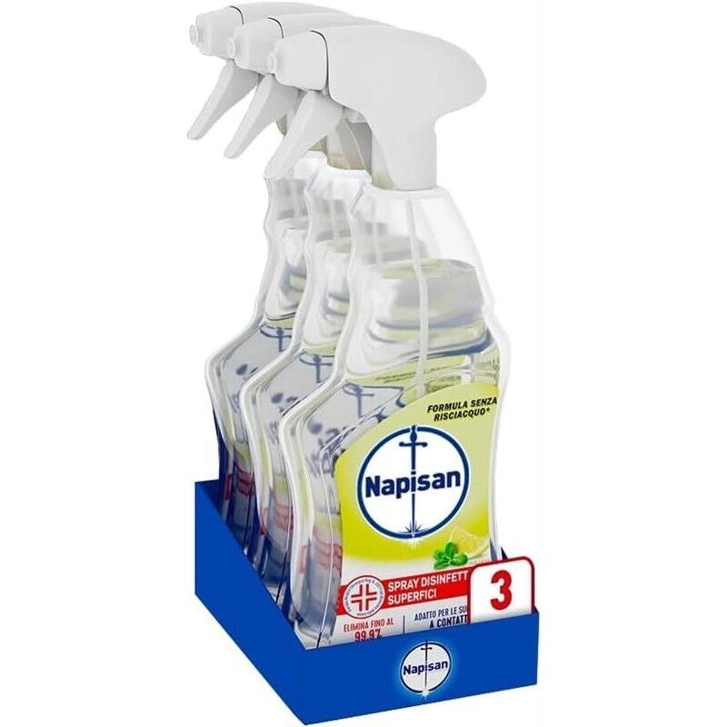 NAPISAN SPRAY 3 PZ MULTISUPERFICI LIMONE E MENTA 740 ML L'UNO ELIMINA 99,9% BATTERI PER SUPERFICI A CONTATTO CON ALIMENTI
