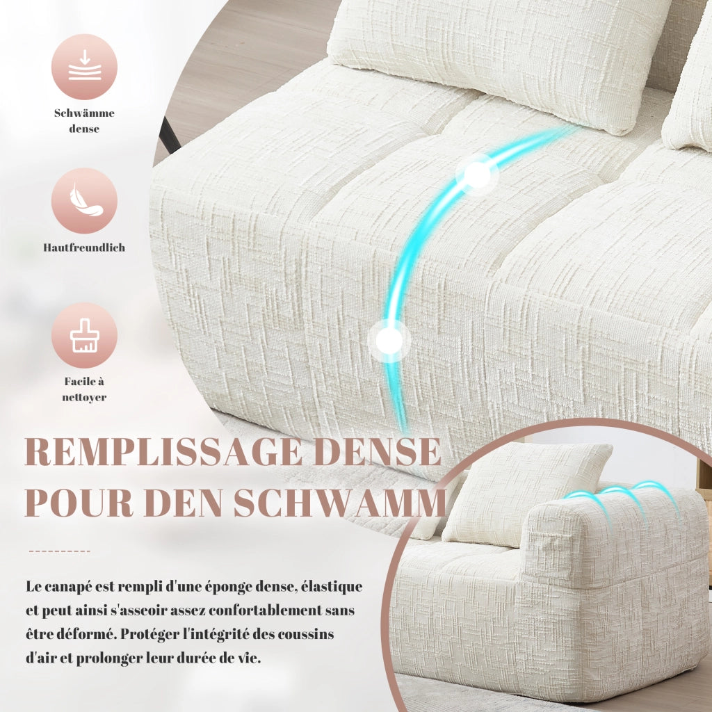 Divano chaise longue in chenille beige, morbida imbottitura in schiuma, tasche laterali e cuscino incluso