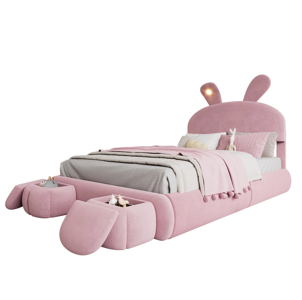 Letto imbottito 140x200 cm con contenitore e LED in velluto rosa