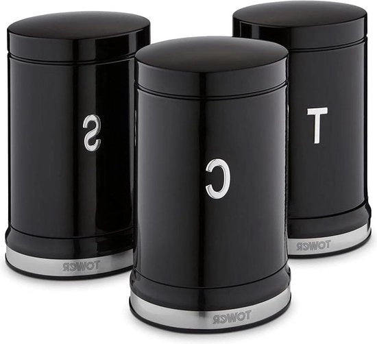 Set di 3 contenitori per caffè, zucchero e tè in acciaio inox nero e verniciato in nero