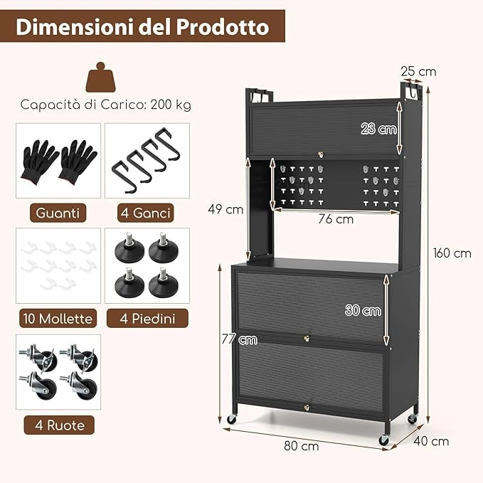 Credenza Alta per Cucina con 5 Ripiani e 3 Ante a Ribalta Traslucide, Mobile Cucina con Ruote e Panello a Ganci, Armadio Cucina Porta Microonde (80 x 40 x 160 cm,Nero)