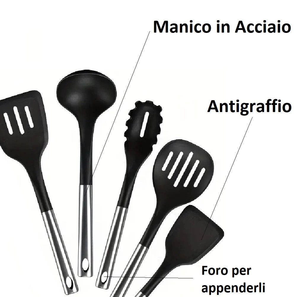 Utensili da Cucina 6pz in Acciaio e Nylon Non Graffiano Antiaderenti Nero Cromo