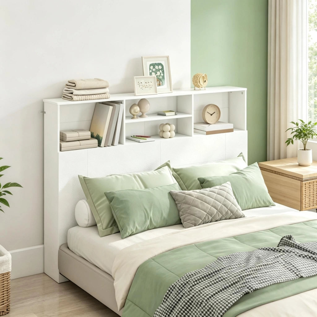 Testiera letto con 4 vani aperti e fissaggio a parete per camera in MDF e truciolato bianco 140×19×103.5 cm