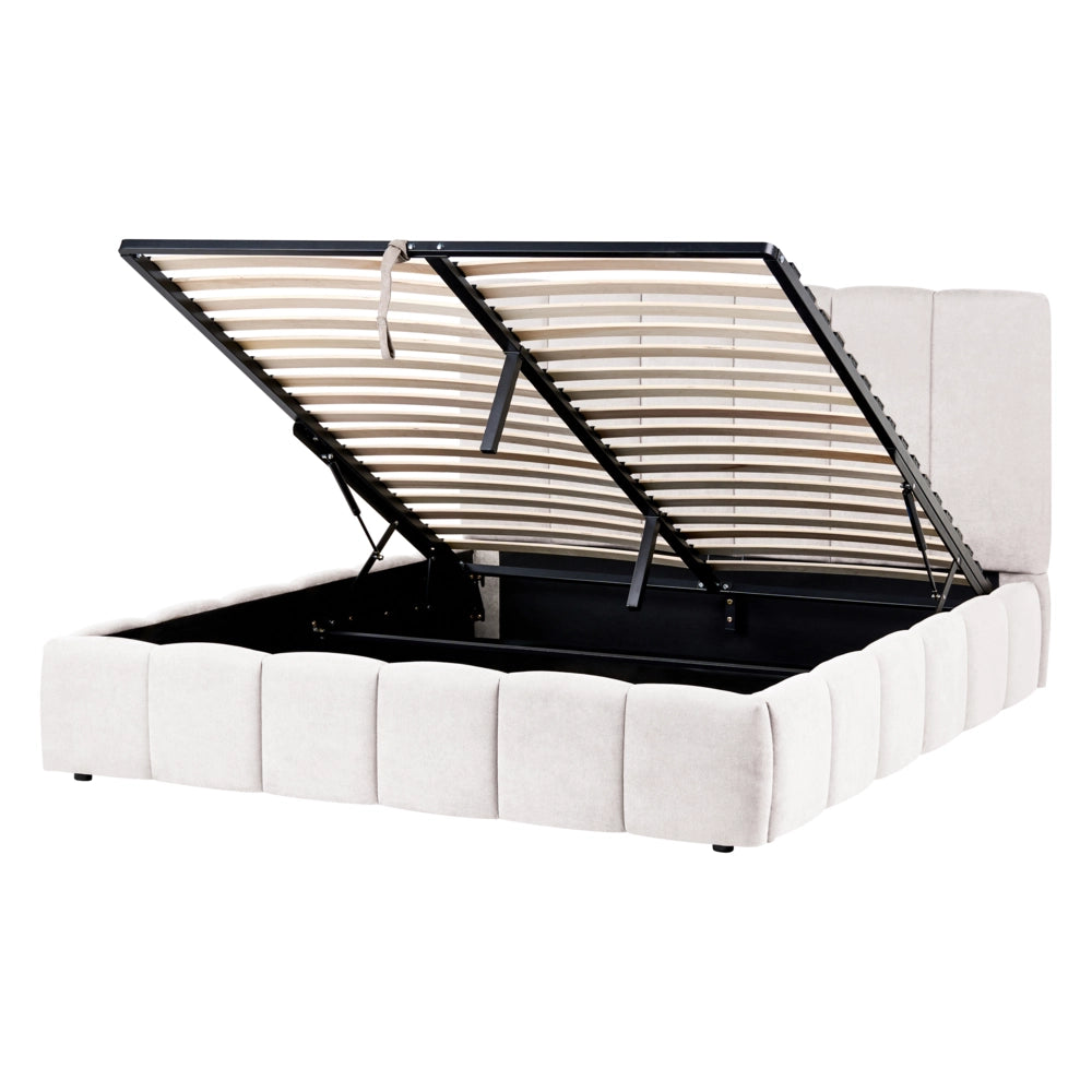 Letto matrimoniale contenitore con trapuntatura verticale in tessuto bianco sporco 140x200 cm struttura sollevabile e testiera alta