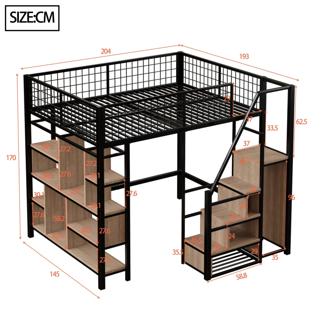 Letto a soppalco 140x200 cm nero metallo e legno con scala contenitore