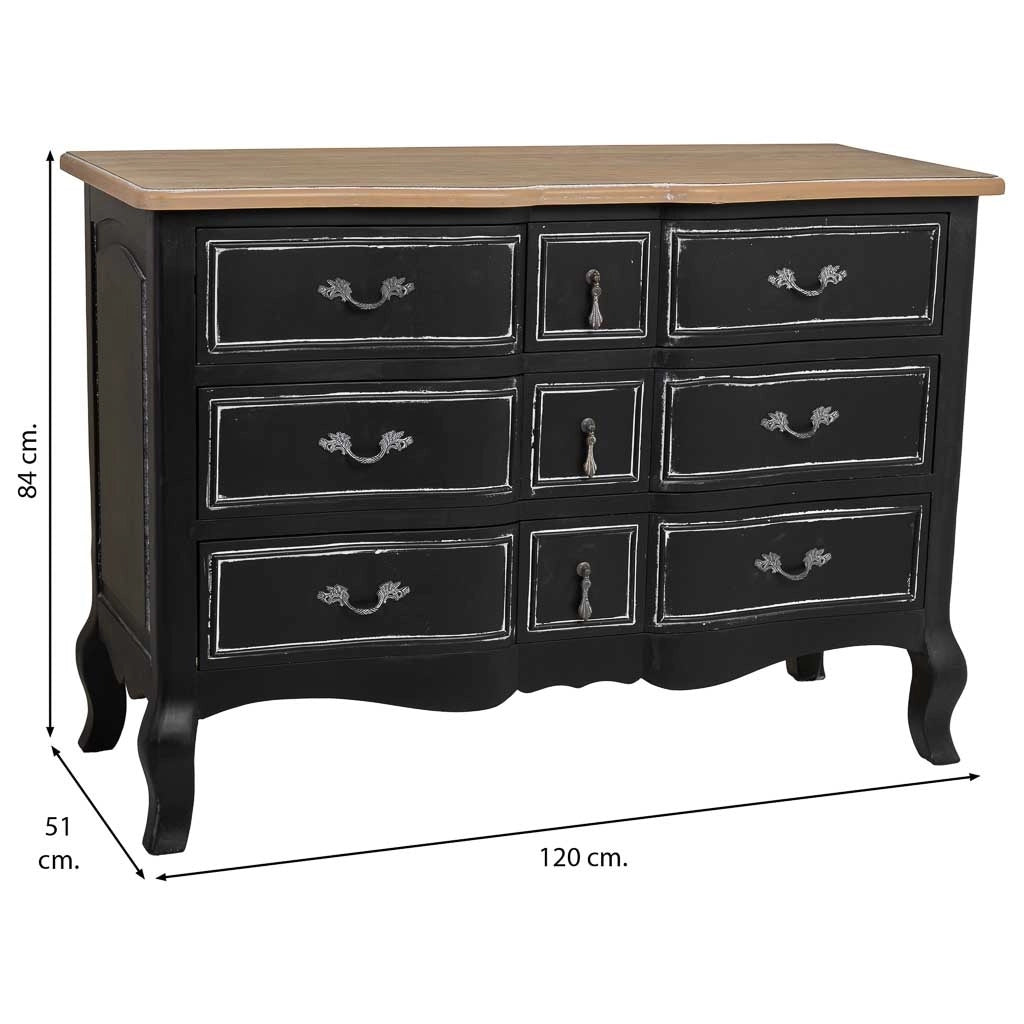 Comò in legno laccato nero invecchiato con 9 cassetti 120x51x84h cm
