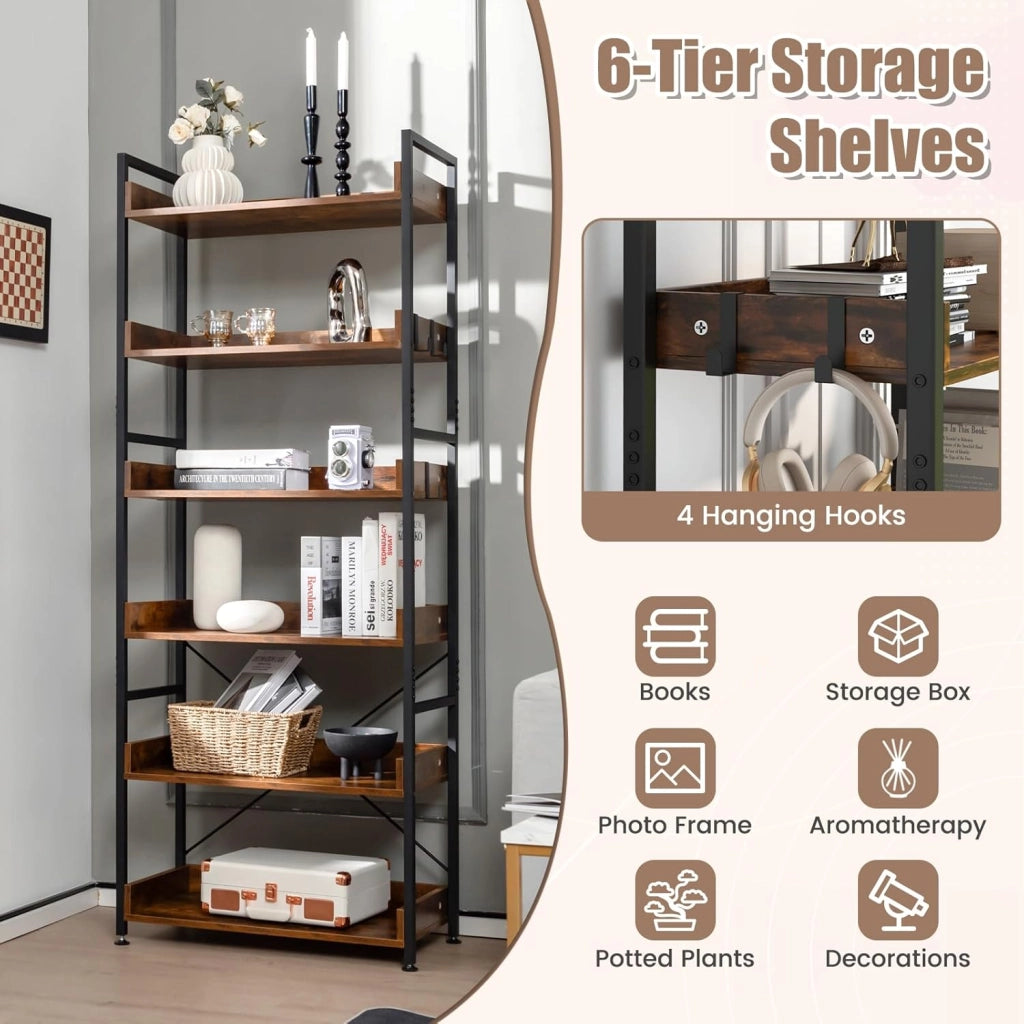 Libreria a 6 Livelli, Scaffale con 4 Ganci, in Metallo, per Soggiorno, Studio, 69 x 34 x 177 cm