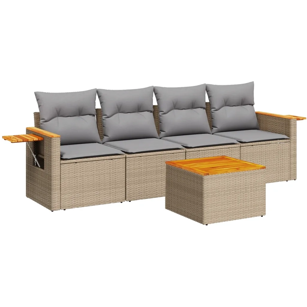 Set Divano da Giardino 5 pz con Cuscini Beige in Polyrattan