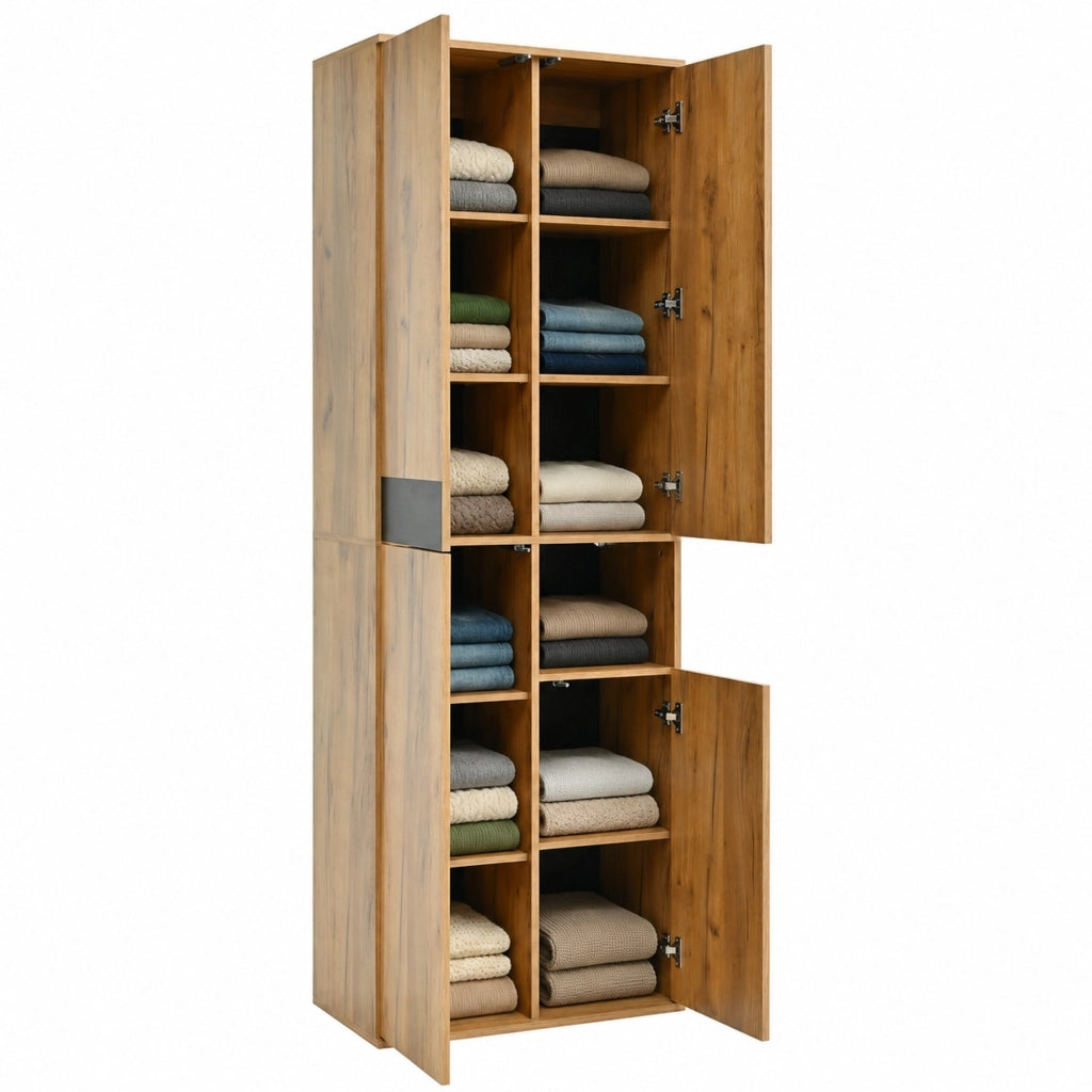 Armadio alto ULEVR 65x35x190 cm con specchio, 4 ante e vano aperto, nero e naturale