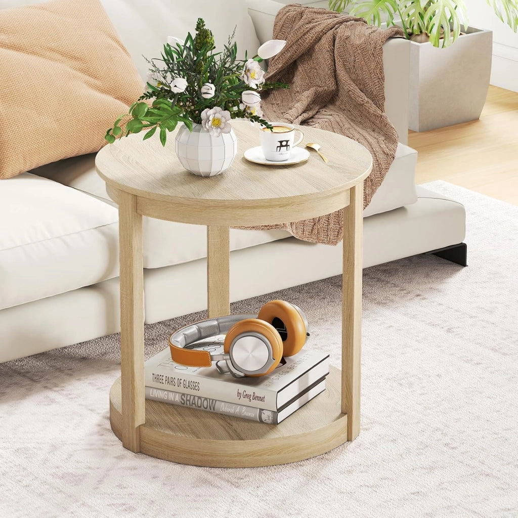 Tavolino Rotondo da Salotto, Tavolo da Caffè a 2 Livelli con Ripiano e Gambe in Legno di Gomma, Portata 160 kg, Tavolino in Legno per Soggiorno, Studio e Ufficio, 60,5 x 60,5 x 61 cm (Quercia)