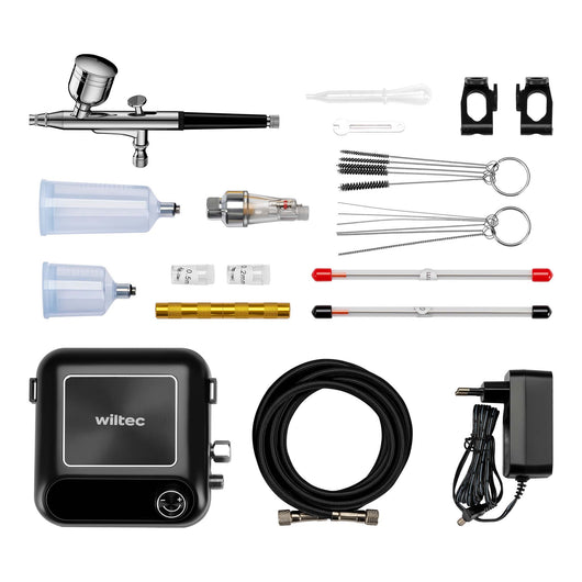 HS-A9K Set con compressore, pistola aerografo, ugelli e accessori, motore 12 V, pressione autostop 1,5 bar, per modellismo, tatuaggi, nail art, airbrush