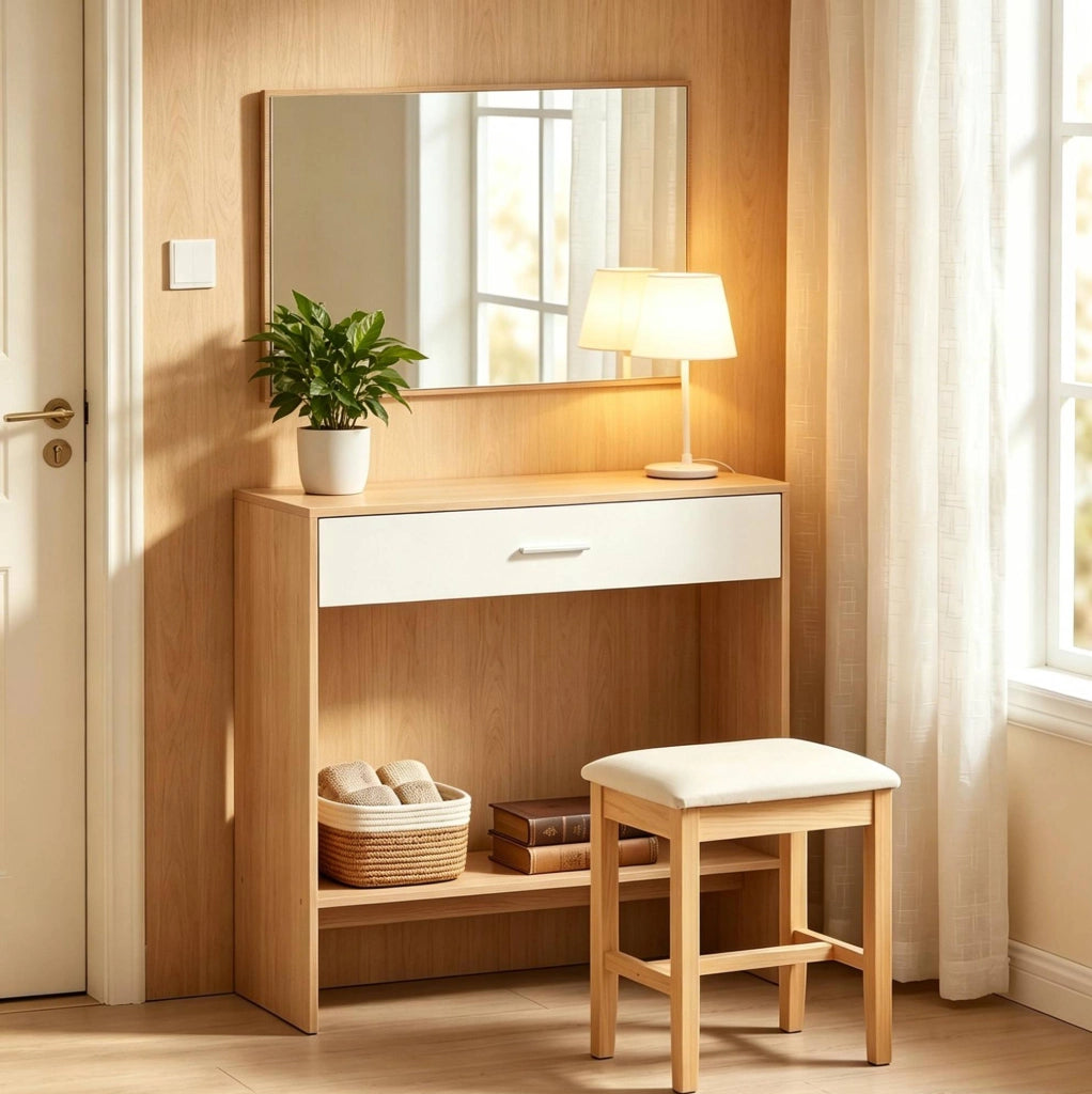 Mobile ingresso con specchio, cassetto e ripiano rovere bianco
