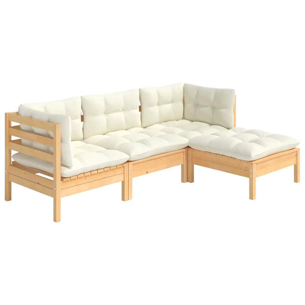 Set Salotto da Giardino 4 pz | Set di Mobili da Esterno con Cuscini Crema in Legno di Pino