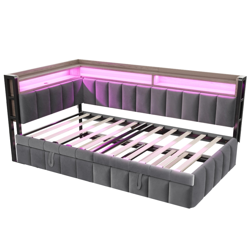 Divano letto estraibile 90x200 cm in velluto grigio scuro con LED; USB e vano portaoggetti
