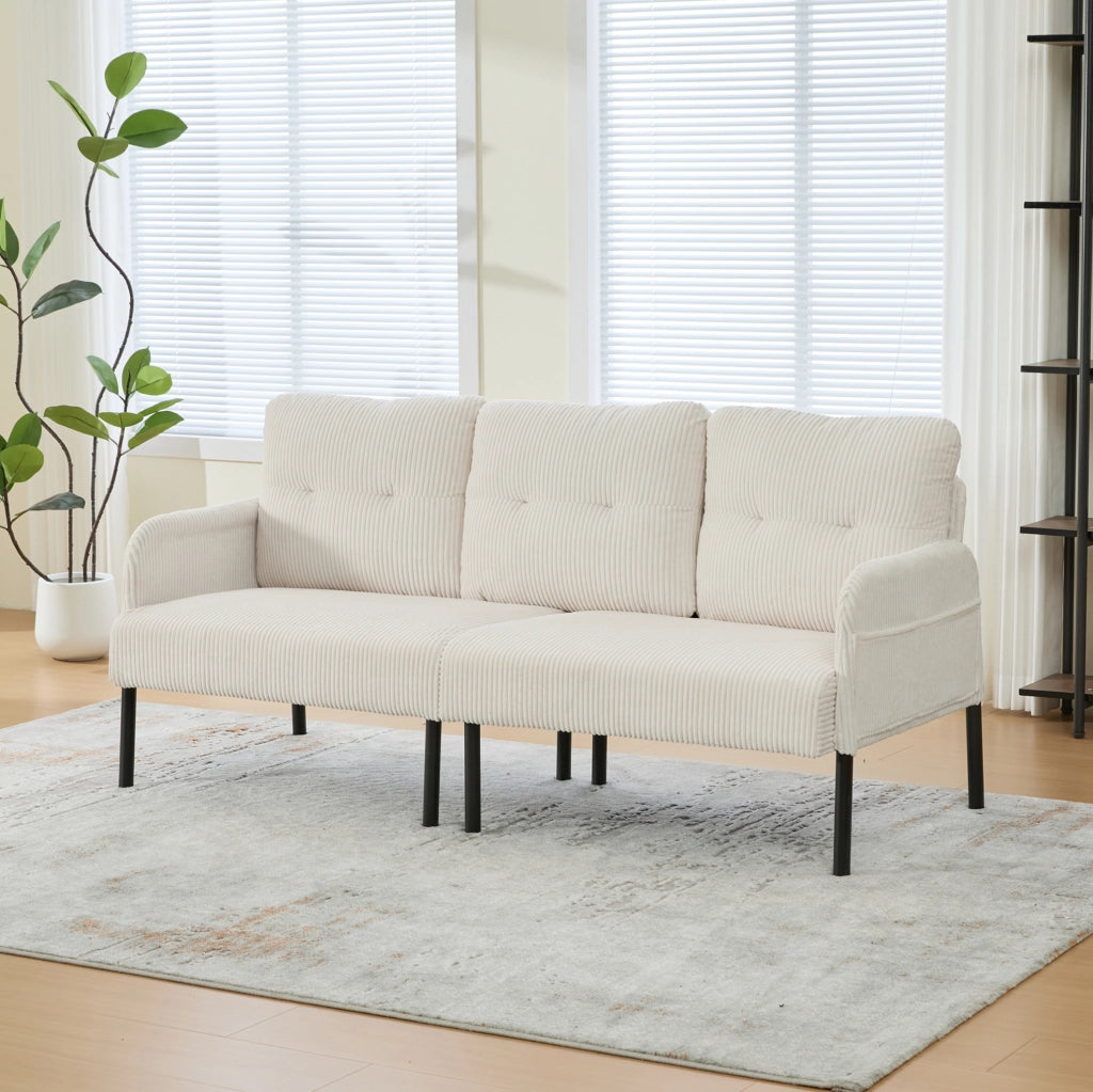Divano tre posti beige in velluto a coste con schienale ergonomico e tasca laterale capiente