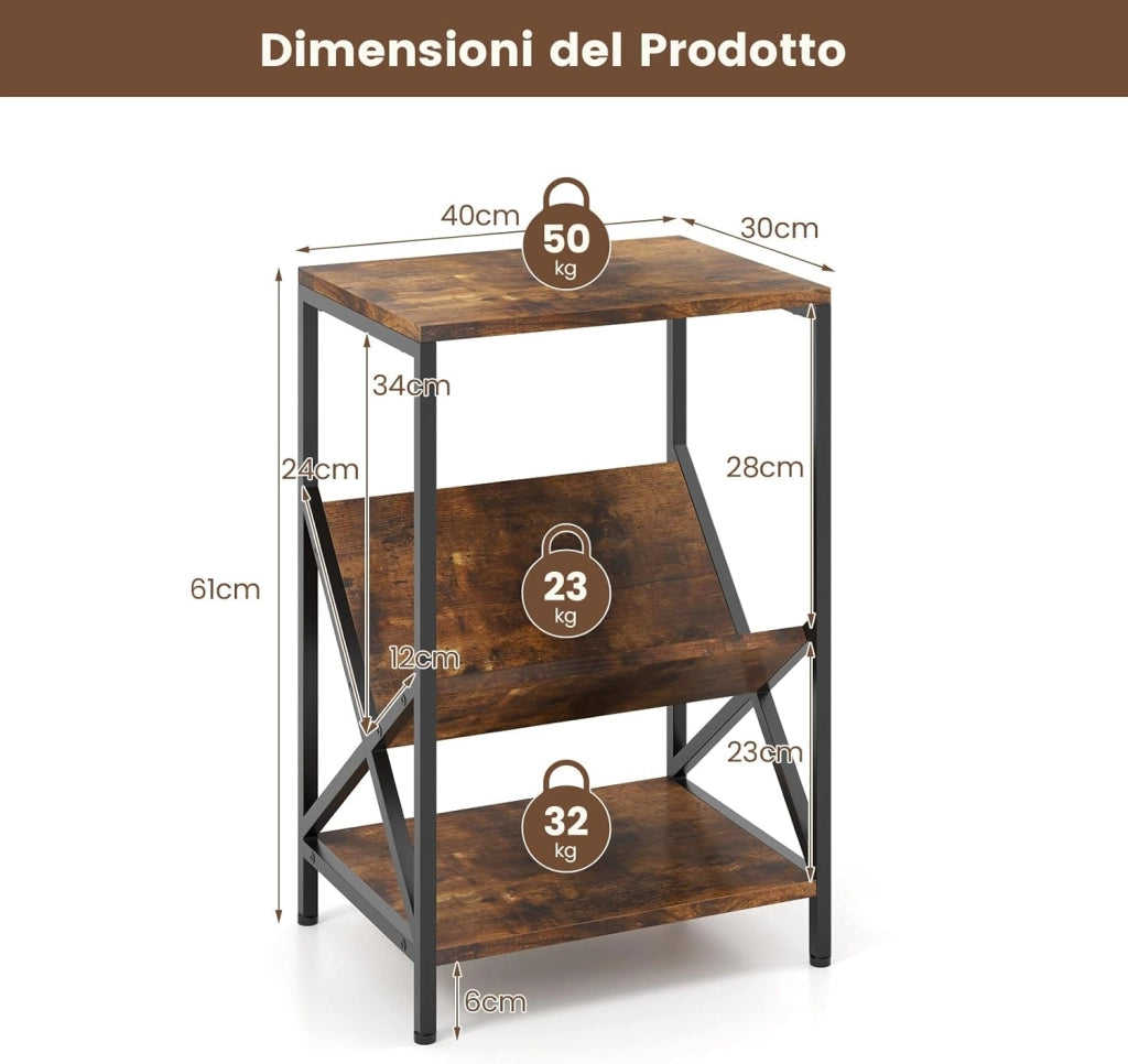 Tavolino da Divano a 3 Livelli con Ripiani, Tavolino da Salotto Industriale con Ripiano a V Traverse e Piano Liscio, Tavolino Robusto per Soggiorno, Camera da Letto e Ufficio, Marrone