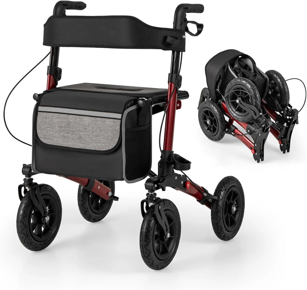 Deambulatore Pieghevole per Anziani in Alluminio, Rollator Regolabile in Altezza con Seduta, Schienale e Freni, Girello per Anziani con Borsetta, Carico Massimo 140 kg (Rosso)