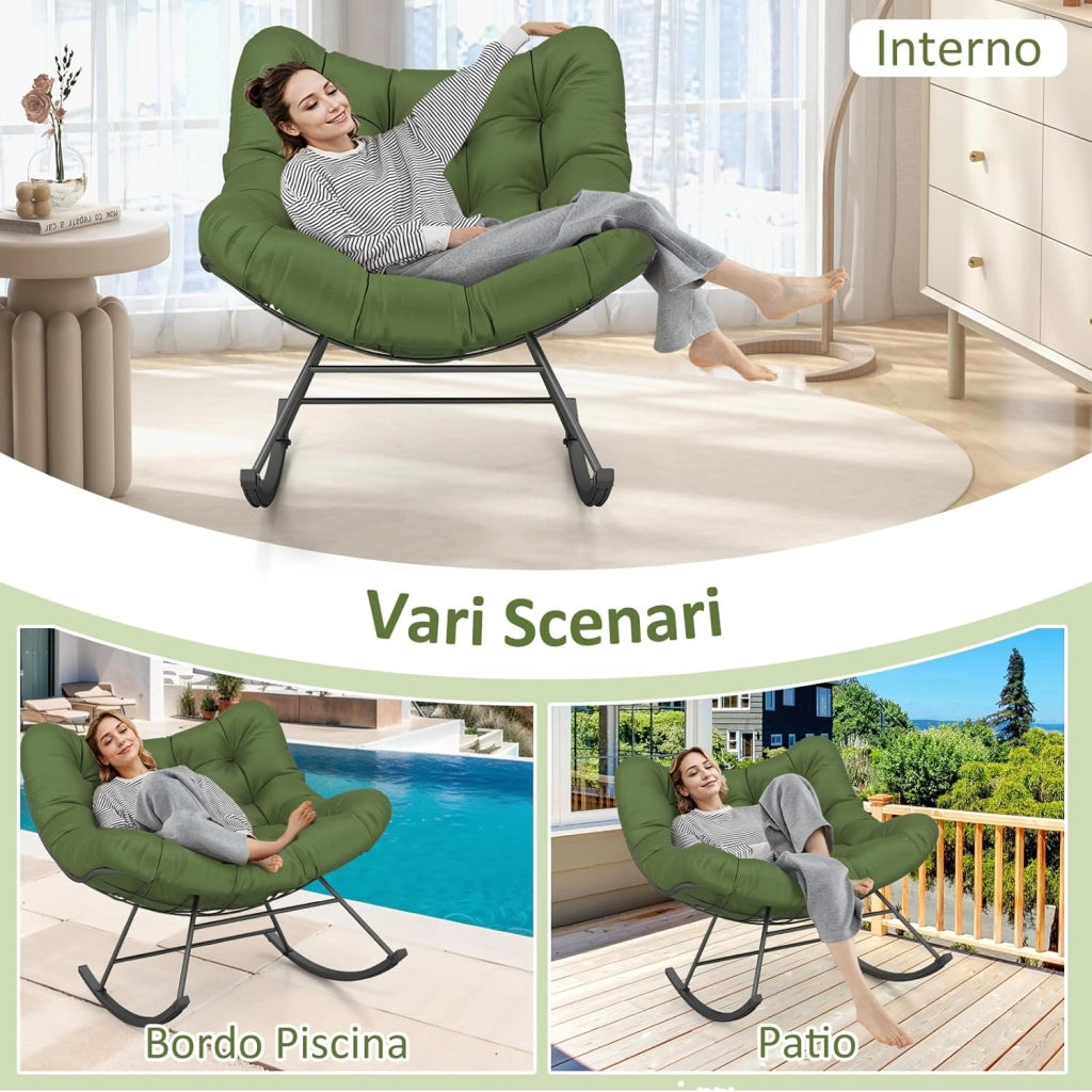 Sedia a Dondolo, Poltrona Relax Ergonomica, Poltrona Sovradimensionato con Cuscino Imbottito, con Struttura Metallica, per Soggiorno Portico Giardino, Portata 205 kg (Verde)