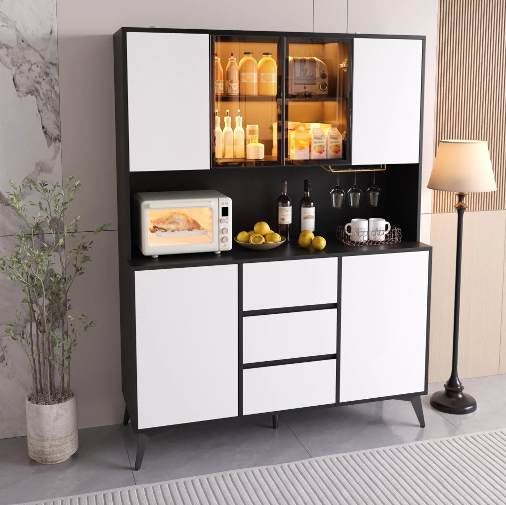 Credenza alta 120x40x160 cm con vetrina LED regolabile via app; 3 cassetti; bianco e nero