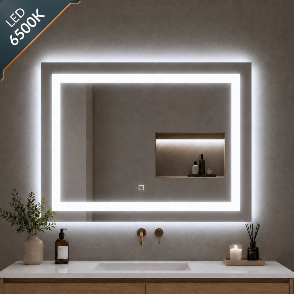 Specchio da bagno rettangolare led con interruttore touch e cornice in alluminio *** misure 120x80 cm, tonalità stan...