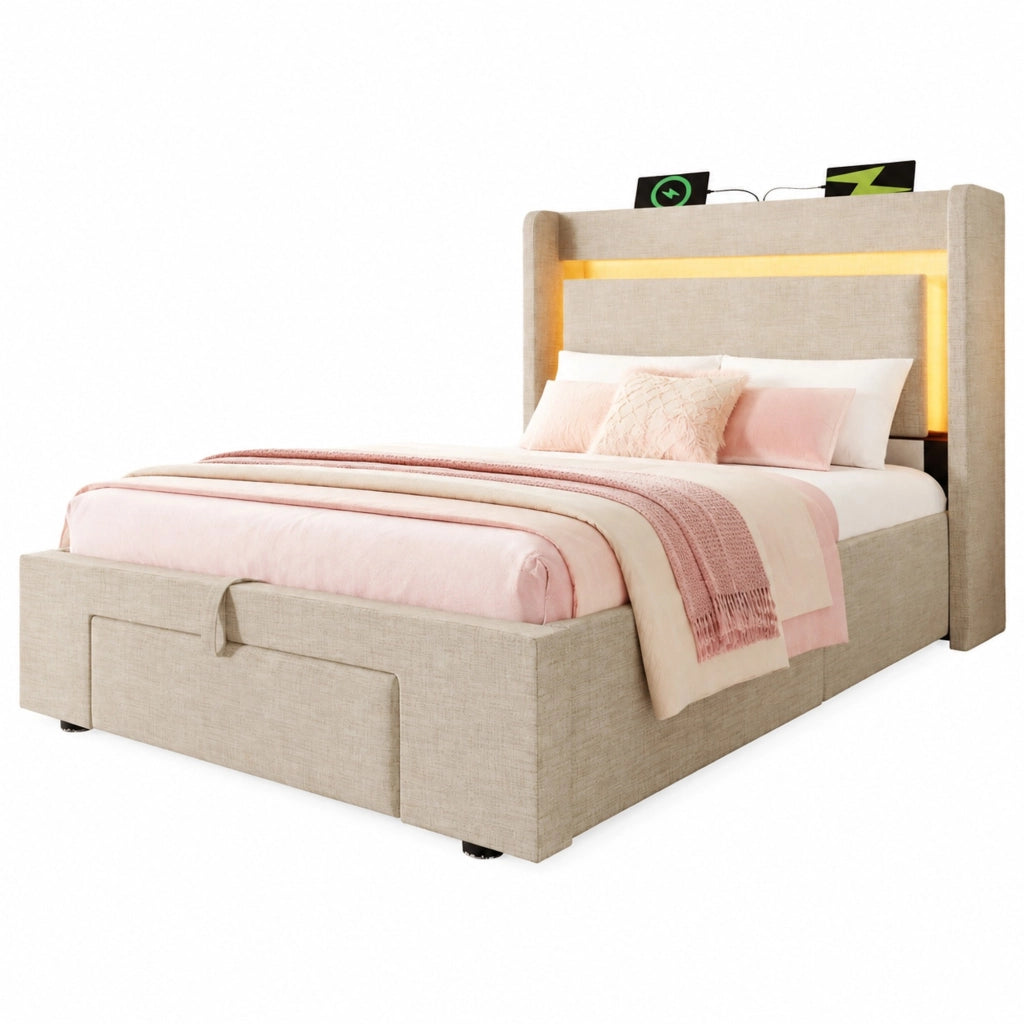 Letto imbottito 90x200 cm beige in lino con contenitore; testiera con USB e LED