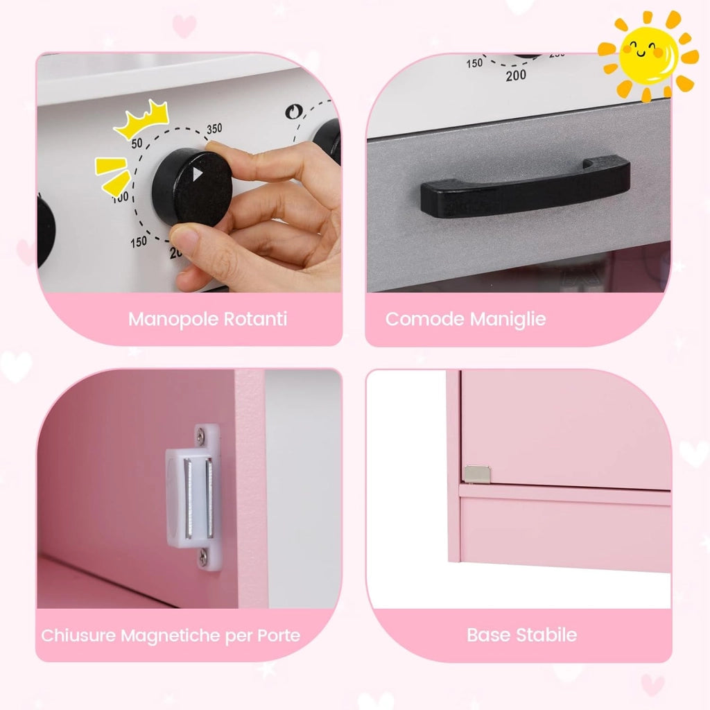 Set Gioco da Cucina per Bambini d'Angolo, Cucina Giocattolo in Legno con Macchina di Ghiaccio, Microonde, Lavatrice e Accessori, con Suoni e Luci, per Bambini 3-10 Anni (Rosa)