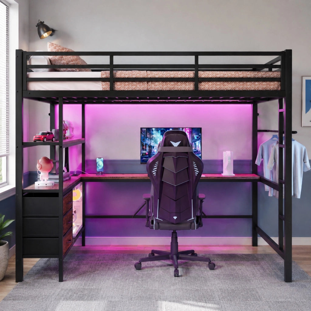 Letto a soppalco 140x200 cm con scrivania, LED e USB nero