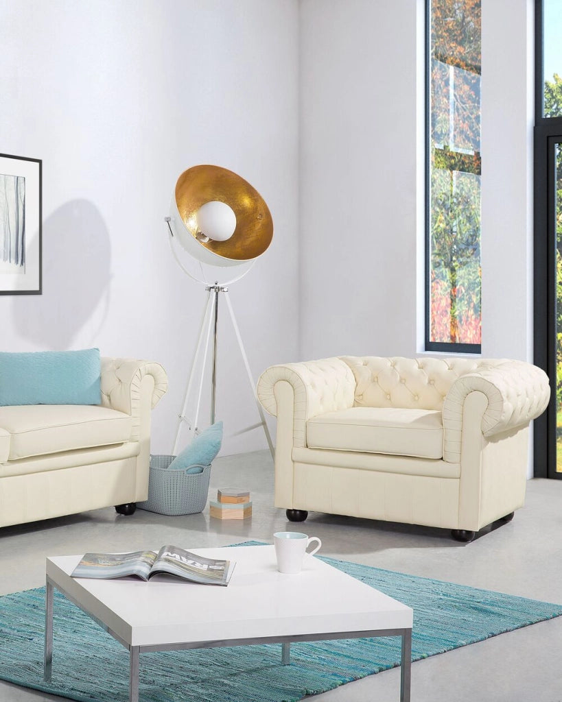 Poltrona Chesterfield Beige Vera Pelle trapuntata in stile Contemporaneo