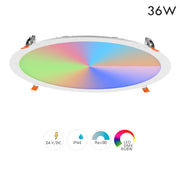 Faretto LED incasso pannello tondo slim DMX RGB multicolore luce calda 24V impermeabile cromoterapia box doccia bagno 36W foro 380mm