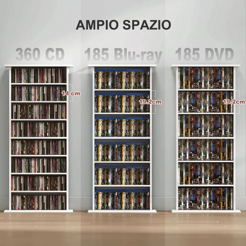 SCAFFALE PORTA CD CON 6 RIPIANI REGOLABILI, CAPACITÀ DI 360 CD/185 DVD, 58X24X124.5 CM, BIANCO