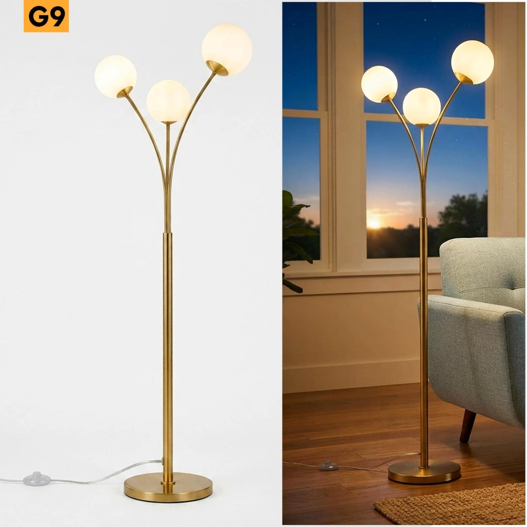 Piantana da Terra a 3 Luci Sfera G9 Lampada di Design per Interni Bronzo con Interruttore a Pedale Luce Salotto Soggiorno 230V