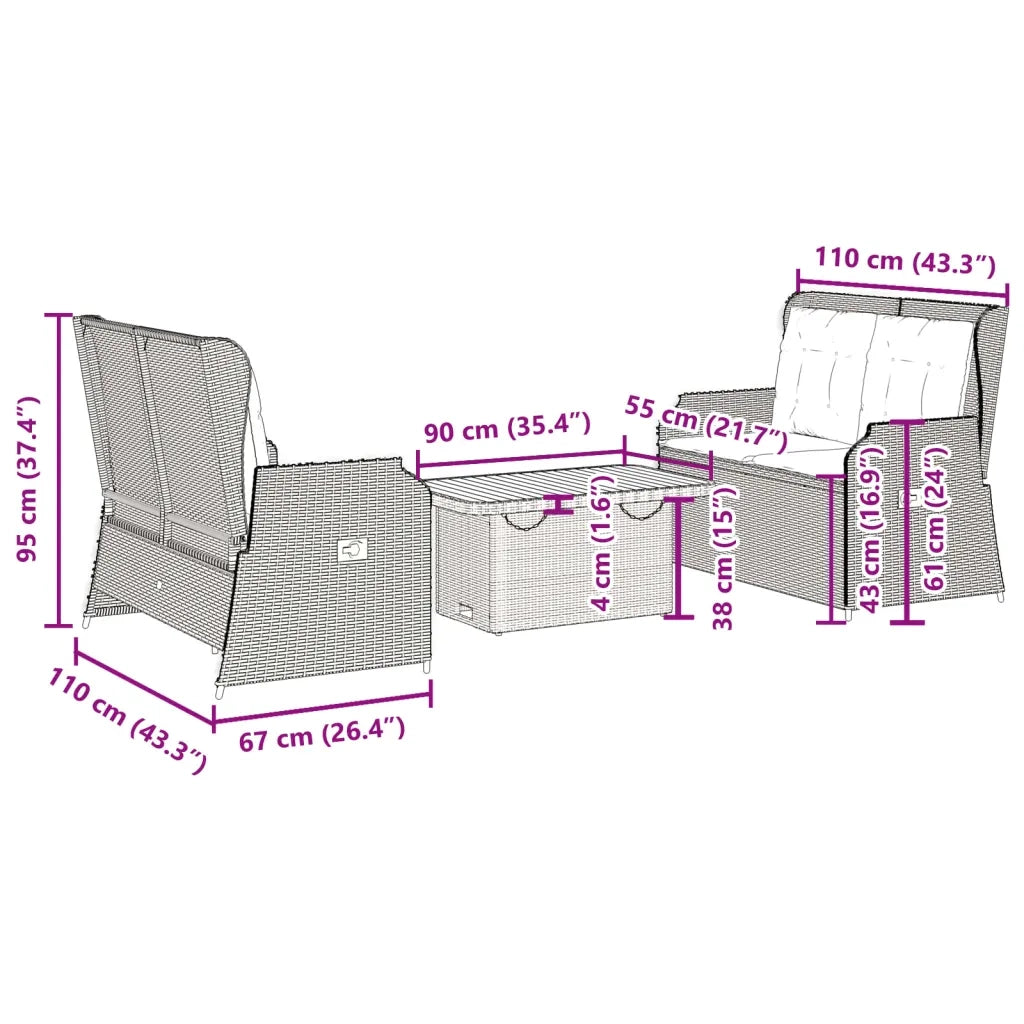vidaXL Set Divani da Giardino 3 pz con Cuscini in Polyrattan Grigio