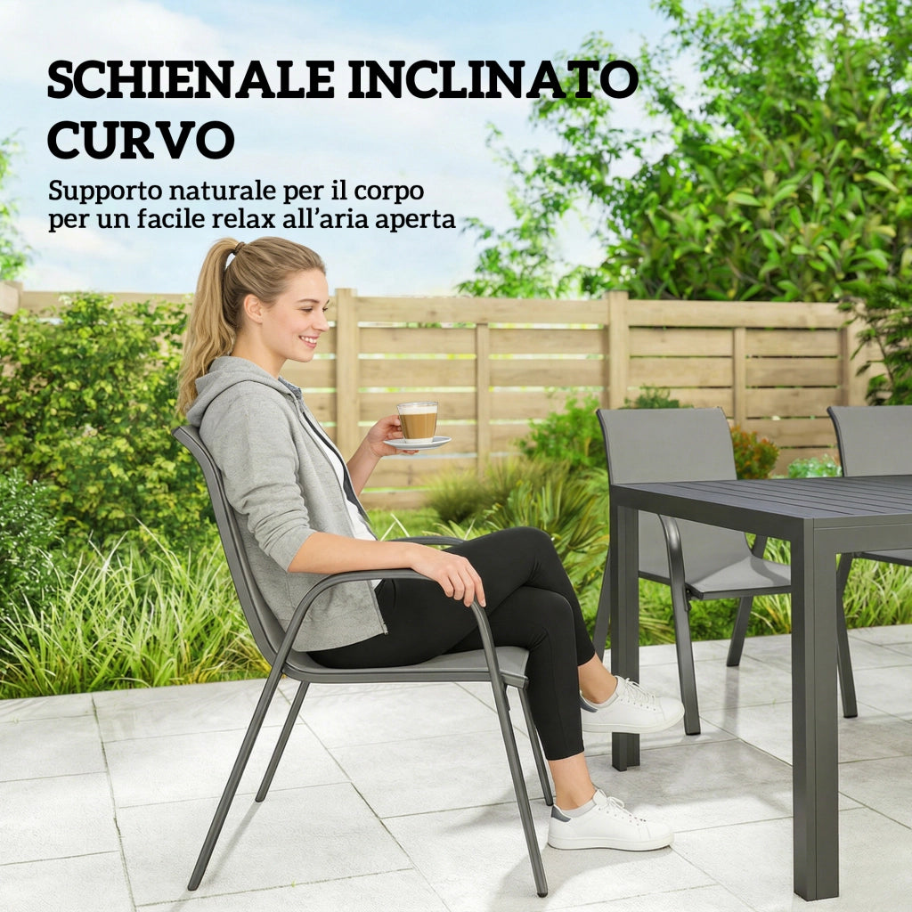 Set 7 Pezzi da Esterno con Tavolo Rettangolare in Acciaio e 6 Sedie Impilabili in Texteline Grigio Chiaro