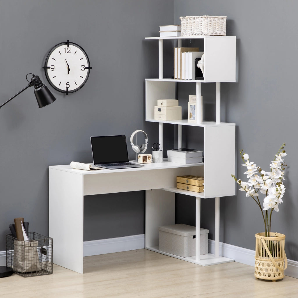 Scrivania Angolare Moderna in Truciolato per Ufficio e Studio con Ripiano a 4 Livelli, 120x80x176 cm, Bianco