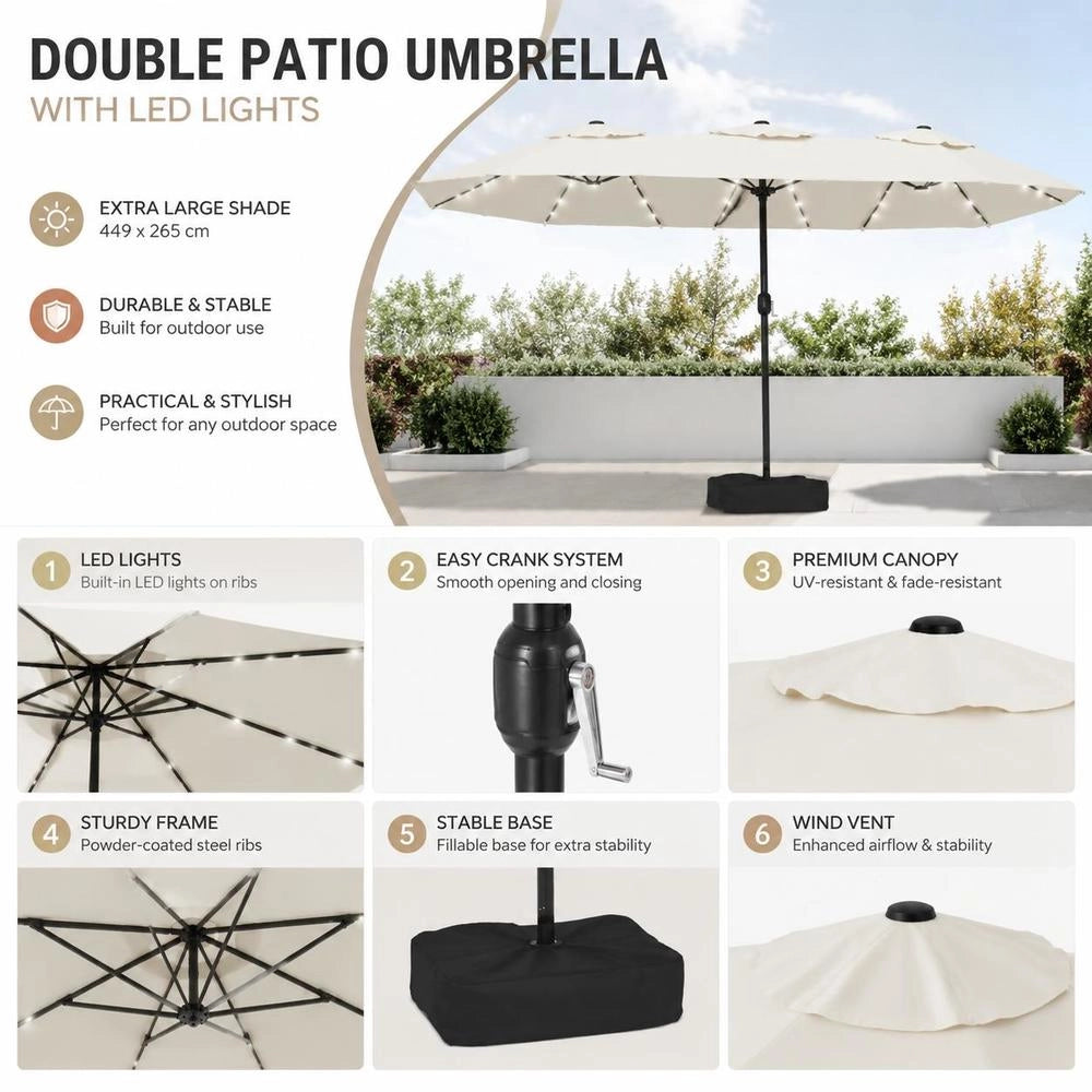 Double Parasol With LED Lights, Sand White, 449x265 Cm